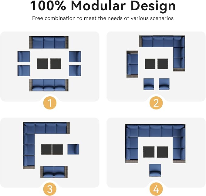Aoxun Patio Furniture Set, 12 Pcs Outdoor Patio Furniture Sets with 4 in Thicken Cushion and Coffee Table, Widen Armrests Wicker Outdoor Sectional for Backyard & Garden, Navy Blue