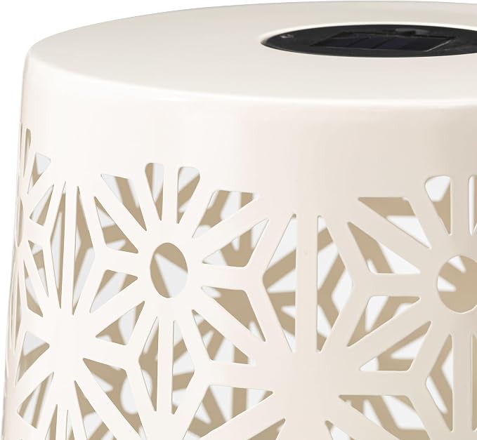 Glitzhome Set of 2 Outdoor Side Table, Iron Cutout Geometric Pattern Solar Powdered Garden Stool, Planter Stand and Solar Lantern for Garden Patio Party Yard Outdoor Indoor Decoration, White