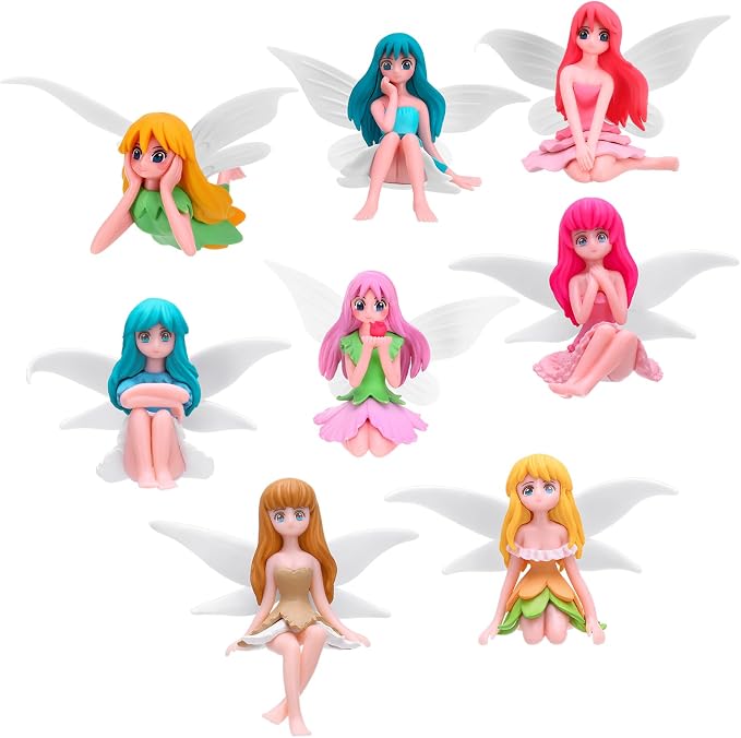 Miniature Fairy Figurines, 8 Pcs Hand-Painted Small Flower Fairies with Wings for Garden Decor, Cake Topper & Landscapes