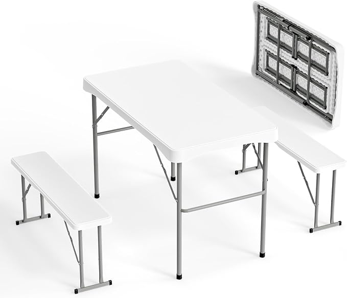 VINGLI Picnic Table Set with 2 Benches, 6 Feet Camping Table Chair Set, Heavy-Duty HDPE Material with Metal Frame, 3-Piece Folding Furniture for Indoor or Outdoor Use (3.5ft White)