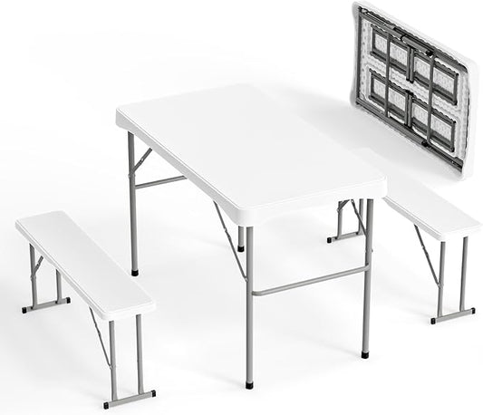 VINGLI Picnic Table Set with 2 Benches, 6 Feet Camping Table Chair Set, Heavy-Duty HDPE Material with Metal Frame, 3-Piece Folding Furniture for Indoor or Outdoor Use (3.5ft White)