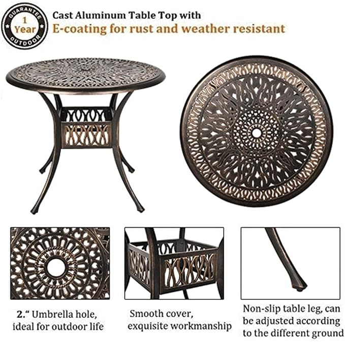 Grepatio 35.4" Round Cast Aluminum Patio Bistro Table, Outdoor Dining Table with 2” Umbrella Hole, Outdoor Side Table for Porch, Backyard, Garden, Balcony