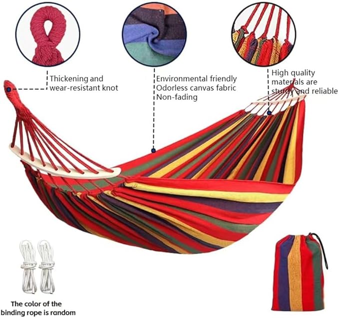 Cotton Canvas Hammock with Tree Straps - Portable Hammock for Outdoor Indoor Patio Backyard, Camping Hammock with Carry Bag, 440lbs Capacity, Without Stand(Red, with bar)