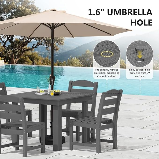 KINGYES 8-Piece HDPE Outdoor Dining Set for 6, Square Patio Table & Armless Chairs with Umbrella Hole, All-Weather Patio Dining Set for Backyard, Garden, Lawn & Poolside, Gray