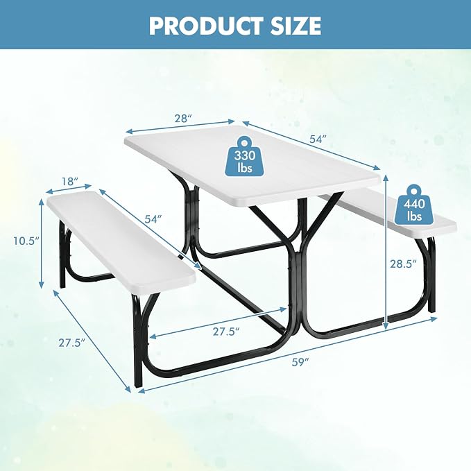 ORALNER Picnic Table, Resin Dining Table & 2 Benches Set, Weather Resistant Wood Grain Plastic Tabletop & Steel Frame, Picnic Tables for Outdoors, Porch Yard Patio Lawn Party Camping (White)