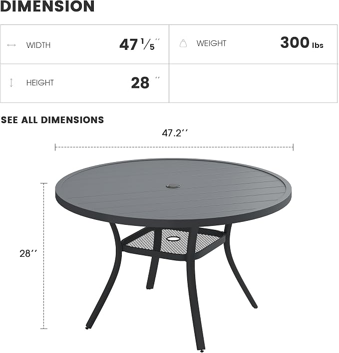 Patio Dining Table for 4-6, Round Metal Outdoor Table with 1.57" Umbrella Hole, 47" Outdoor Slat Tabletop Dining Table for Backyard, Porch, Lawn, Dark Grey