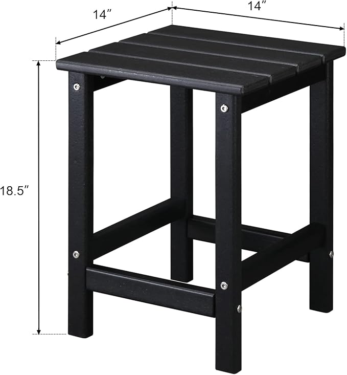 14“ HDPE Adirondack Weather Resistant Square Side Table for Patio, Backyard, Pool, Indoor, Beach Use, Easy Maintenance (Square, Black)