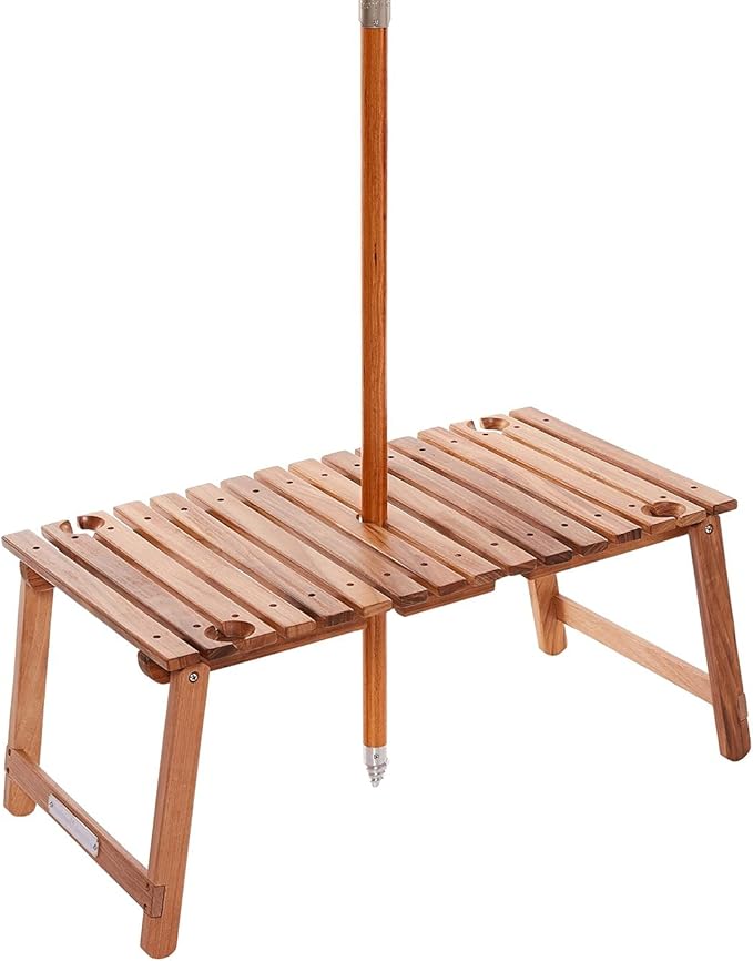Business & Pleasure Co. Folding Picnic Table - Perfect Mini Outdoor Table for Picnics, Beach, & Concerts - 4 Wine Glass Holders - Umbrella Hole - Premium Teak Hardwood