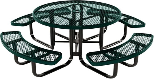 COATEDOUTDOORFURNITURE Heavy-Duty Portable Outdoor Kids Table with Umbrella Hole, Expanded Metal Kids Picnic Table, Commercial-Grade, Made in America (46 in, Round, Childrens, Dark Green)