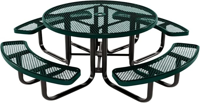COATEDOUTDOORFURNITURE Heavy-Duty Portable Outdoor Kids Table with Umbrella Hole, Expanded Metal Kids Picnic Table, Commercial-Grade, Made in America (46 in, Round, Childrens, Textured Dark Green)