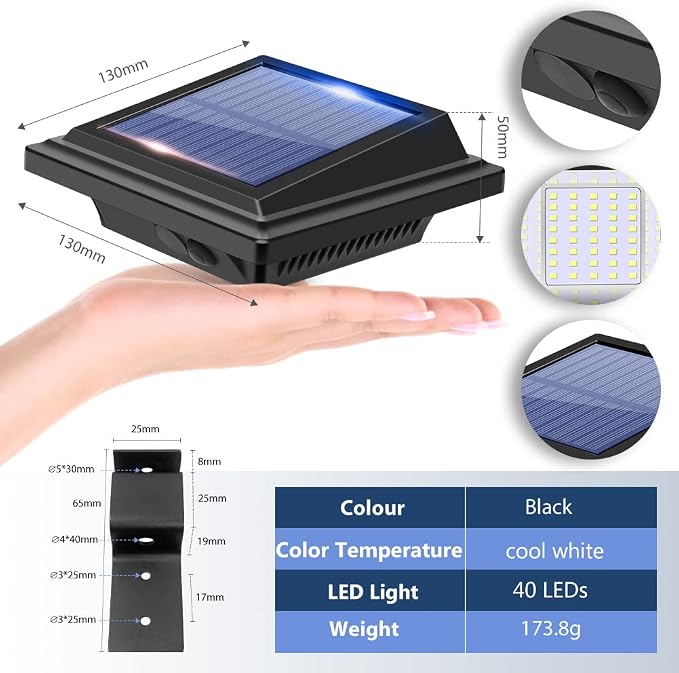 Gutter Solar Patio Decor Lights, 40 LED Deck Outdoor Waterproof Fence for Wall Backyard Porch, Pool, Step Stairs, Yard, Garden, Pathway (6 Pack-Black, Cool White)