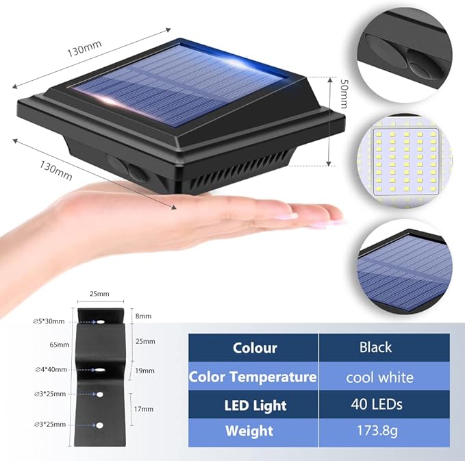 Gutter Lights, 40 LEDs Solar Patio Decor Lights, Deck Lights Outdoor Waterproof Fence Lights for Wall Backyard Porch, Patio, Pool,Step Stairs, Yard, Garden, Pathway (4Pack-Black,Cool White Light)