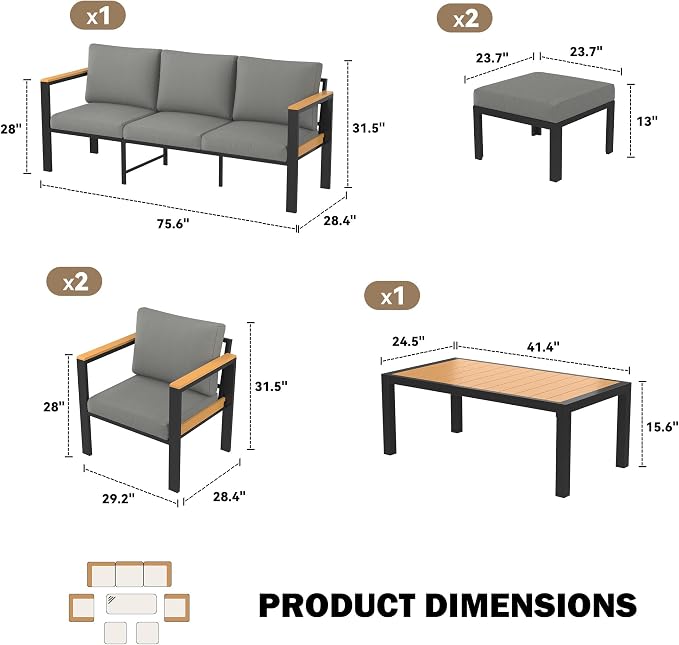 HOMREST Aluminum Outdoor Furniture Set with Coffee Table, Metal Oversized Patio Sofa with Washable Cushions, Patio Conversation Set with Special Anti-Heat Armrest, Gray