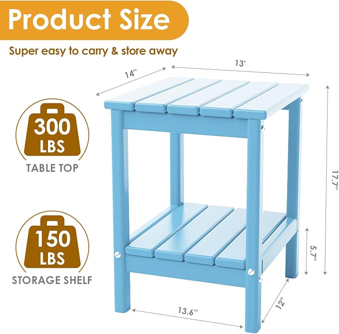 IVY&LANE Adirondack Outdoor Side Tables Set of 2 | HDPE Plastic | Patio End Table with Storage | 2-Shelf | Weather Resistant | Arctic | 14 x 13 Inches | for Outside Porch Backyard Indoor