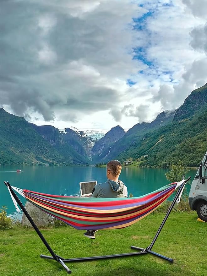 Folding Swing Hammock with Stand, Portable Outdoor Indoor Camping Hammock Chair with 450LBS Capacity, Heavy Duty Steel Frame Backyard Patio Garden Poolside Porch, Includes Carry Bag for Travel, Red