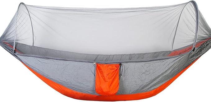 Outdoor Automatic Hammock with Mosquito Net Nylon Portable Lightweight Double Hammock for Camping with 2m Tree Straps Grey Orange 9.5'x4.5'