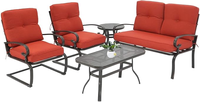 Skiway Outdoor Metal Funiture Set 5Pcs Patio Conversation Set Loveseat, 2 Spring Chairs with Coffee Table and Red Cushions, Wrought Iron Look