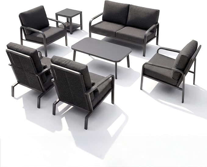 7 Piece Aluminum Patio Furniture Set, Outdoor Conversation Set with Sofa, Loveseat, Lounge Chairs & Coffee Tables, Modern Garden Furniture for Backyard Porch Balcony Deck