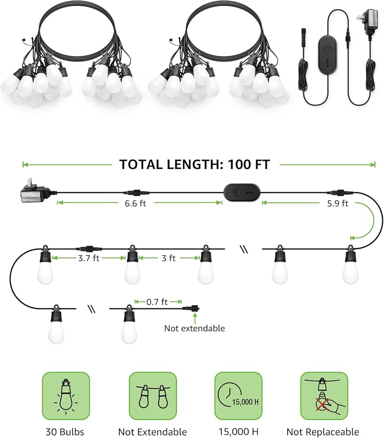 Lepro ZB1 AI Smart Outdoor String Lights APP Control, 100(88+12) ft RGB+IC+Warm White Outdoor Light 30 LED Bulbs, NOT Extendable, Alexa Google Enabled, Music Sync, NO Remote, 2.4 GHz WiFi+Bluetooth