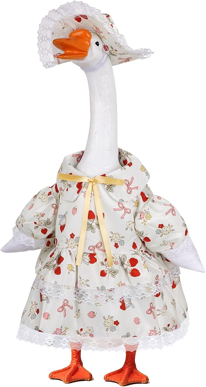 Spring Porch Goose Outfit Strawberry Bow Porch Goose Clothes for 23 Inch Lawn Cement or Plastic Geese Statue Geese Skirt Costume with Hat Dress for Summer Outdoor Patio Garden Holiday Decor