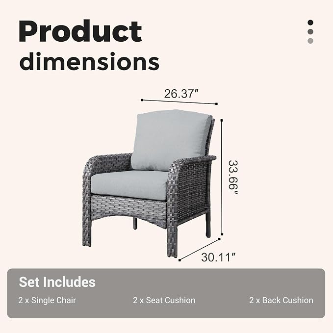 2 Pieces Wicker Patio Chairs - Outdoor Rattan Chairs Set of 2,All-Weather PE Wicker Dining Chair Set with High Back and Deep Seating for Deck Porch,Grey