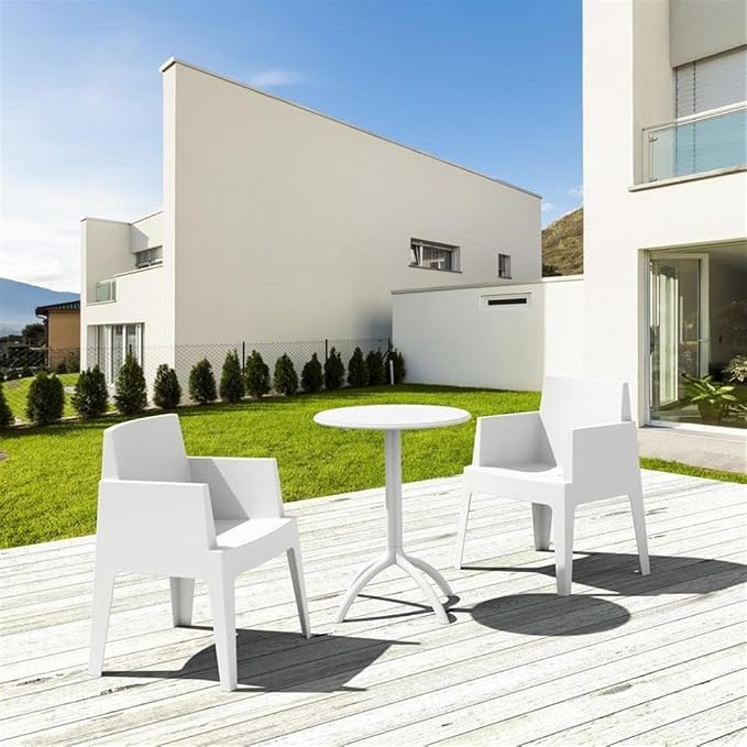 Pemberly Row Round Patio Bistro Table, 23 in Diameter, Resin Polypropylene, White Finish, UV Resistant, Durable Outdoor Dining Table for Pool, Beach, Heavy Use Areas
