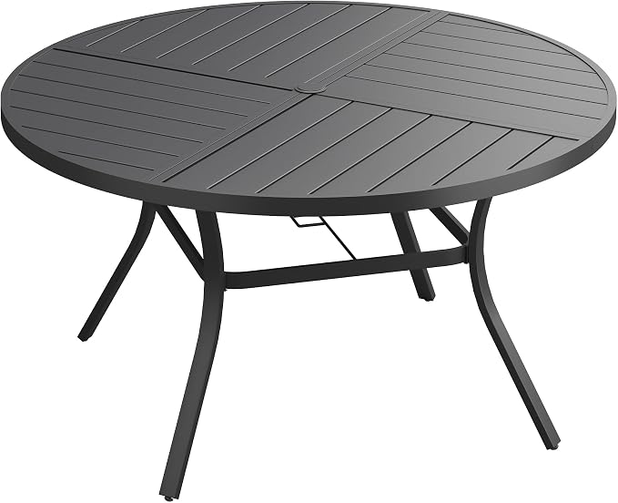 VICLLAX 53" Round Outdoor Table, Patio Dining Table for 8 with Umbrella Hole for Garden Lawn Deck Backyard, Black