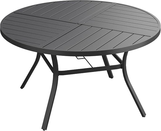 VICLLAX 53" Round Outdoor Table, Patio Dining Table for 8 with Umbrella Hole for Garden Lawn Deck Backyard, Black