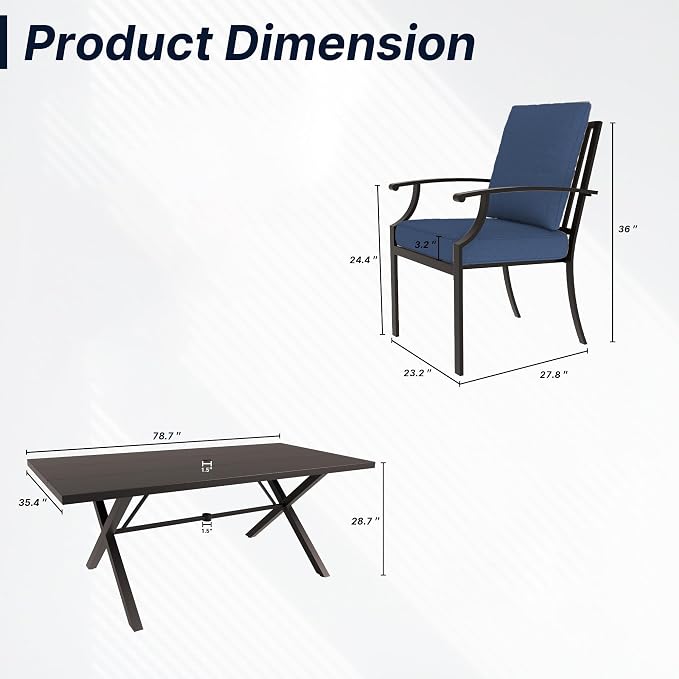7 PCS Outdoor Patio Dining Set,Patio Table and Chairs Metal Outdoor Patio Furniture Set with Umbrella Hole,Dining Table Set with 6 Chairs for Deck,Backyard and Garden,Navy Blue