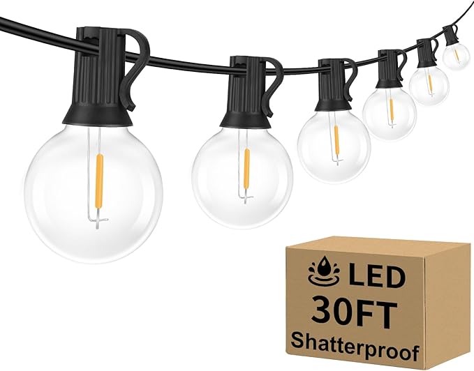 Outdoor G40 LED Globe String Lights 30Feet Dimmable Waterproof Shatterproof | Patio Light with 15+2 Bulbs Connectable Commercial Hanging Lights for Christmas Patio House Backyard Balcony Party(Black)