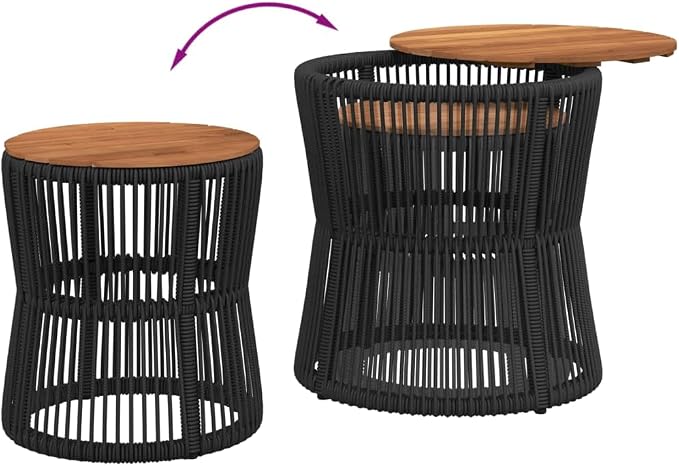 vidaXL Patio Side Tables Set - 2 Pcs, Wooden Top, Black Poly Rattan, Nesting Design, Outdoor Garden Furniture, Elegant & Space-Saving, Acacia Wood Tabletops, Ideal for Backyard or Patio, 19.7" & 15"