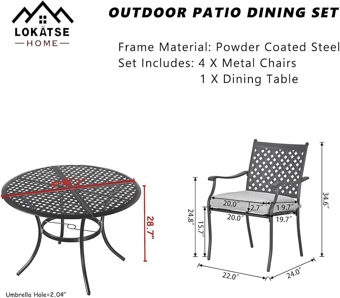 LOKATSE Home 5 Piece Outdoor Patio Metal Dining 4 Iron Arm Chairs with Seat Cushions and 1 Table with Umbrella Hole, Grey-Set