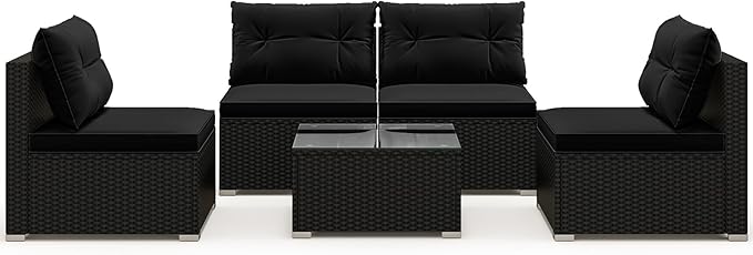 DORTALA 5 Piece Wicker Patio Furniture Set, PE Rattan Outdoor Sectional Conversation Set with Tempered Glass Coffee Table, 4 Chairs for Deck, Backyard, Poolside, Black