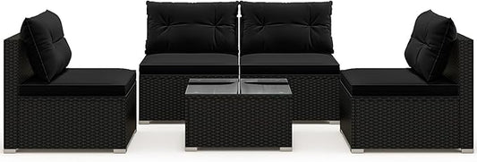 DORTALA 5 Piece Wicker Patio Furniture Set, PE Rattan Outdoor Sectional Conversation Set with Tempered Glass Coffee Table, 4 Chairs for Deck, Backyard, Poolside, Black