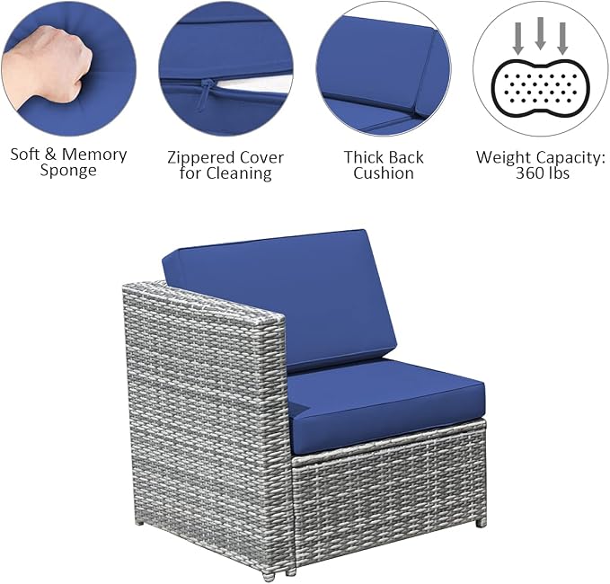 RELAX4LIFE 8-Piece Patio Furniture Set - PE Wicker Conversation Set w/Soft Cushions & Tempered Glass Storage Table, Outdoor Sectional Sofa Set for Garden, Poolside, Backyard (Navy Blue)
