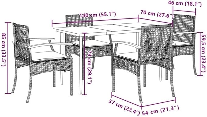 BOWERY HILL Contemporary 5 Piece Poly Rattan Patio Dining Set, Powder-Coated Metal Frame, Black Finish, UV-Resistant Cushions, Tempered Glass Tabletop, Outdoor Garden and Terrace Dining Use