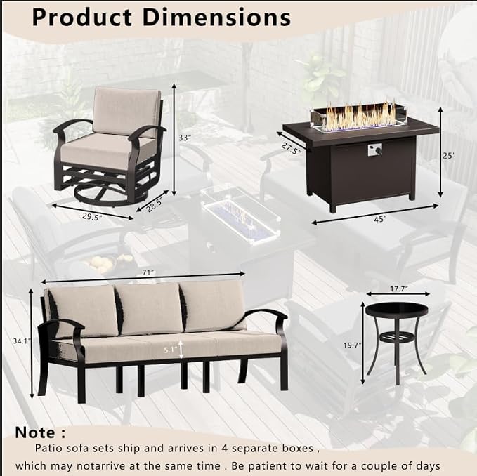 Patio Furniture Set 5-Piece Aluminum Armrest Sofa, Modern Outdoor Living Room Set with 55000 BTU Propane Aluminum Fireplace, Outdoor Rotary Joystick with Thick Cushion