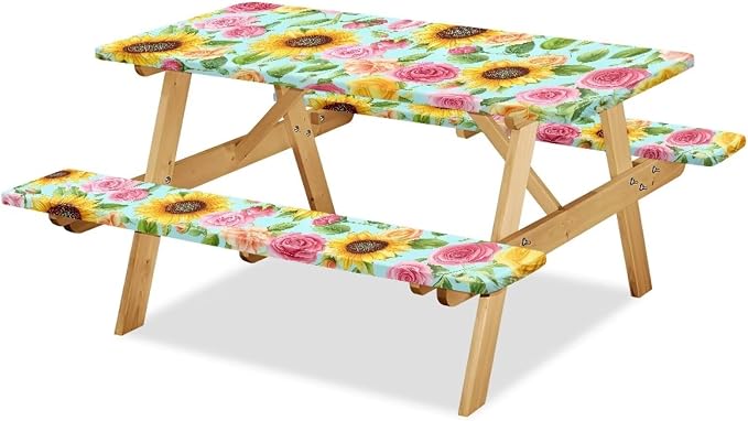 Picnic Table Cover with Bench Covers Elastic Edges, Rectangle Fitted Table Cover, Outdoor Patio Camping Essentials 72 Inch 3PCS, Waterproof Camping Fitted Tablecloth