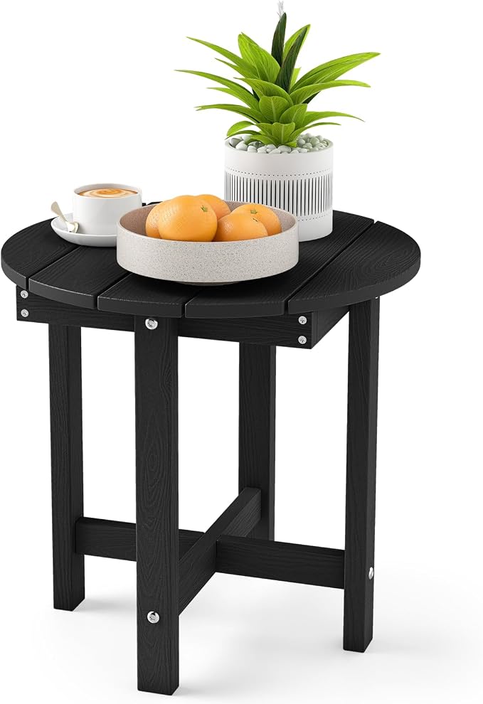 Tangkula Round Outdoor Side Table, Adirondack Side Table with Weather-Resistant, Waterproof Top, Small Outside End Table for Patio Deck Pool Porch, Easy Maintenance (Black,1)