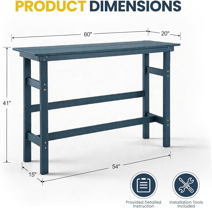 41.25" Outdoor Bar Table & Pub Table, Heavy Duty HDPE Console Table, Weather-Resistant Patio Console Tables, Modern Bar Height Table for Garden/Backyard/Deck/Pool/Outdoor Furniture, Blue