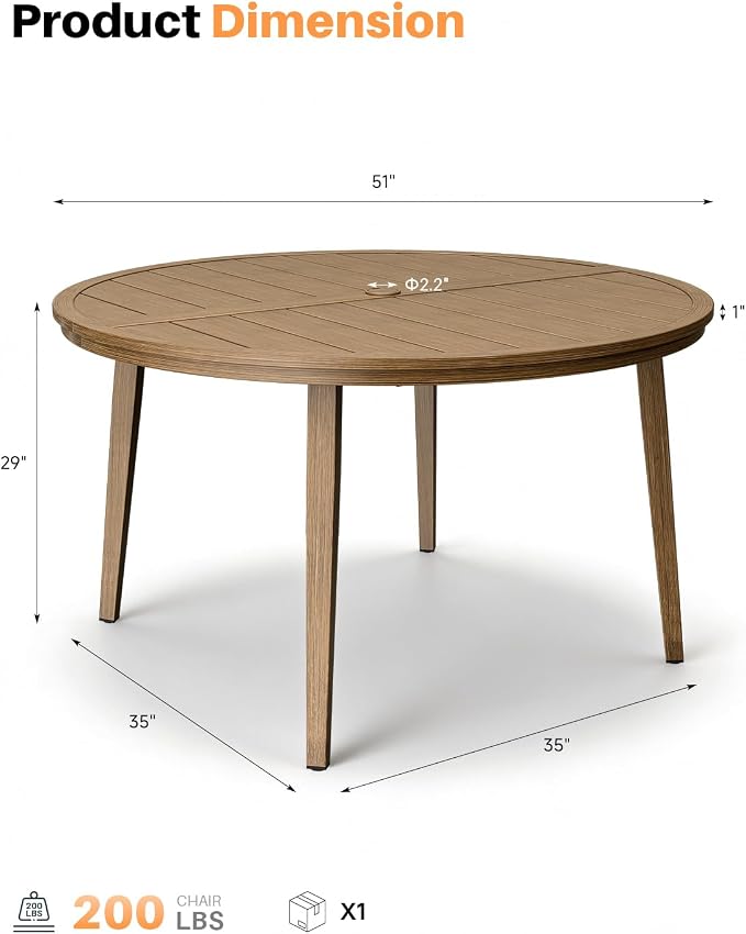 51-Inch Round Outdoor Dining Table, Aluminum Patio Dining Table with Umbrella Hole, Outdoor Round Dining Table for 6, Never-Rust Patio Table for Lawn, Backyard, Deck, and Garden, Teak