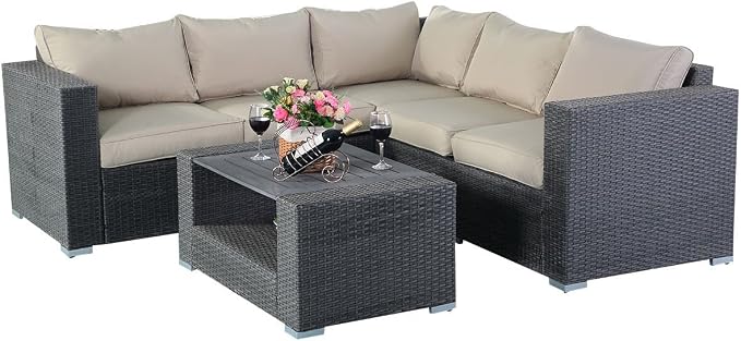 Tangkula Outdoor Furniture 4 Piece, Sectional Sofa with Coffee Table All-Weather Proof Heavy Duty Steel Frame Couch Set for Garden, Balcony, Poolside, Patio, Grey Conversation Set