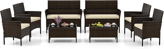 HAPPYGRILL 8 Pieces Outdoor Rattan Conversation Set, Patio Wicker Furniture Set with Loveseat Chairs & Tempered Glass Coffee Table, Outside Sectional Sofa Set for Backyard, Garden & Poolside