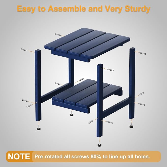 Outdoor Side Table, Small Square Patio Side Table with Adjustable Feet, All-Weather HDPE Adirondack End Tables for Porch Deck Balcony Pool, 2-Tier Storage, Easy Maintenance, Navy Blue