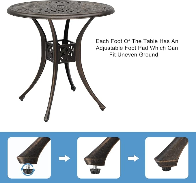 Patio Bistro Dining Table with Umbrella Hole,Cast Aluminum Backyard Bistro Round Table, Outdoor Garden Furniture Table