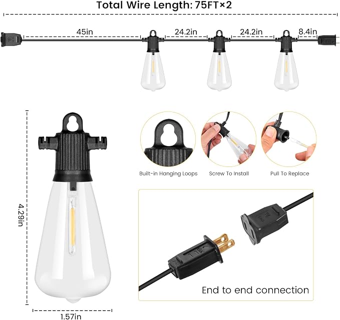 Zuske Outdoor String Lights, 150FT LED Patio Lights with 72+3 ST38 Vintage Edison Shatterproof Bulbs, Waterproof Connectable Dimmable Outside Hanging Lights for Backyard Bistro Porch Gazebo(75FTx2)