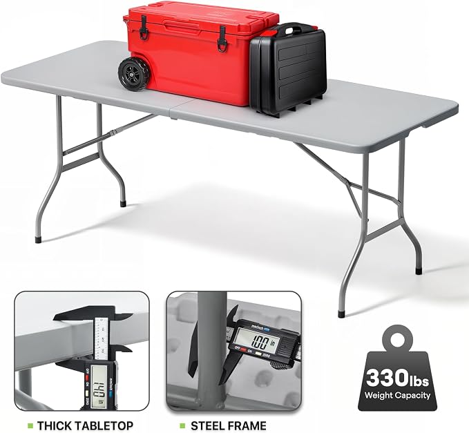 Magshion 6ft Plastic Folding Table with Handle for Indoor Outdoor, 6 Foot Utility Commercial Craft Foldable Table for Party Events, Gray