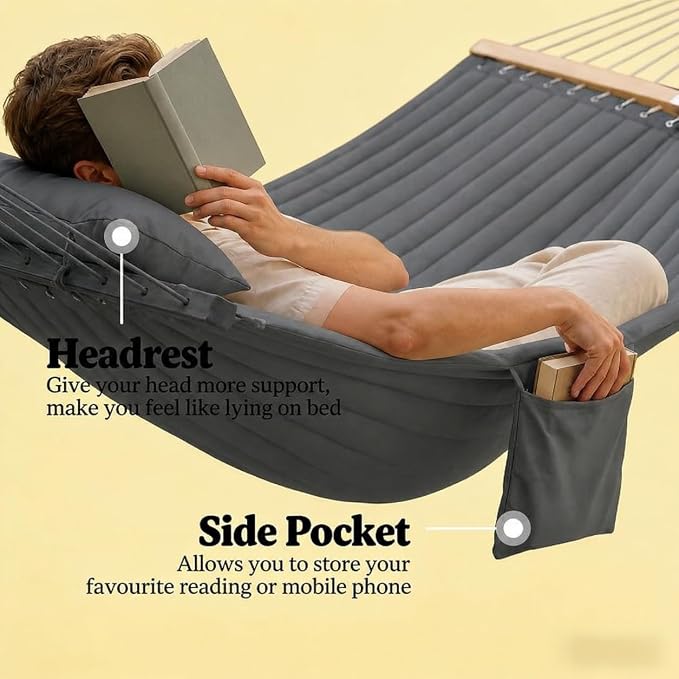 2-Person Tree Hammock Outdoor, Portable Double Hammock Without Stand, Detachable Headrest Magazine Pocket, 450 lbs Capacity, Camping Patio Backyard Indoor Outdoor Hammock Bed (Gray)