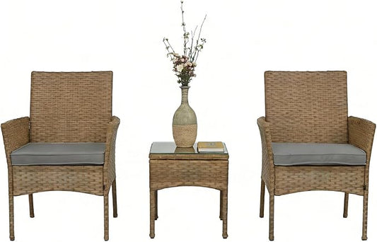 UNITED FLAMES 3-Piece Outdoor Wicker Bistro Set, PE Rattan Patio Chairs & Side Table with Cushions, Weather Resistant Conversation Set for Balcony, Porch, Garden (Grey)