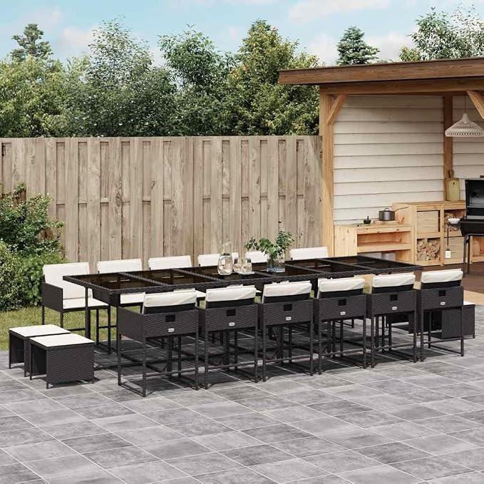 17-Piece Outdoor Dining Set, 16-Seater Poly Rattan Garden Patio Furniture with Cushions, Foldable Chairs and Stools for Backyard Family Gatherings, Black and Cream